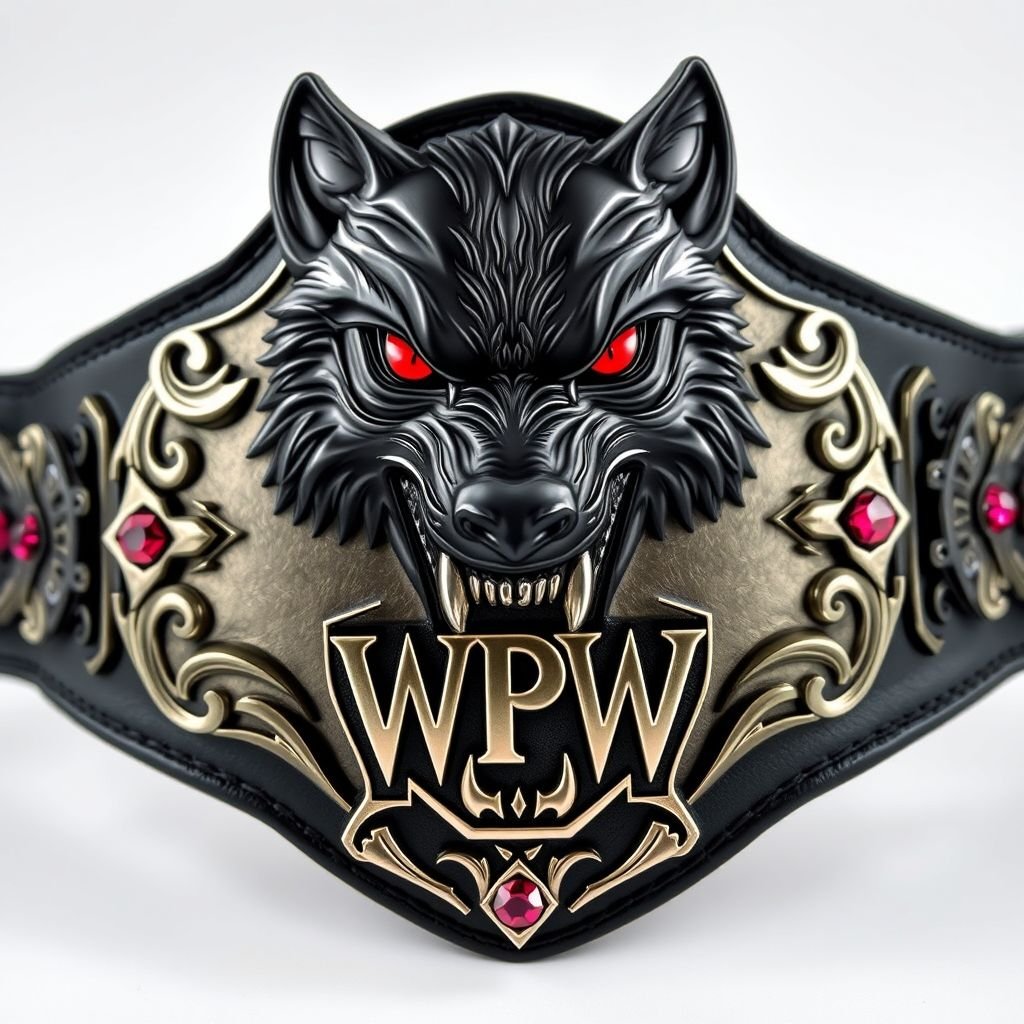 A wrestling belt featuring a black wolf with piercing red eyes, its jaws gripping the world. A prominent "WPW" logo etched in the metal material, showcasing an edgy plate design. The strap, deep black in color, adorned with gothic art motifs, accented by sparkling ruby gemstones, presenting an adult size.