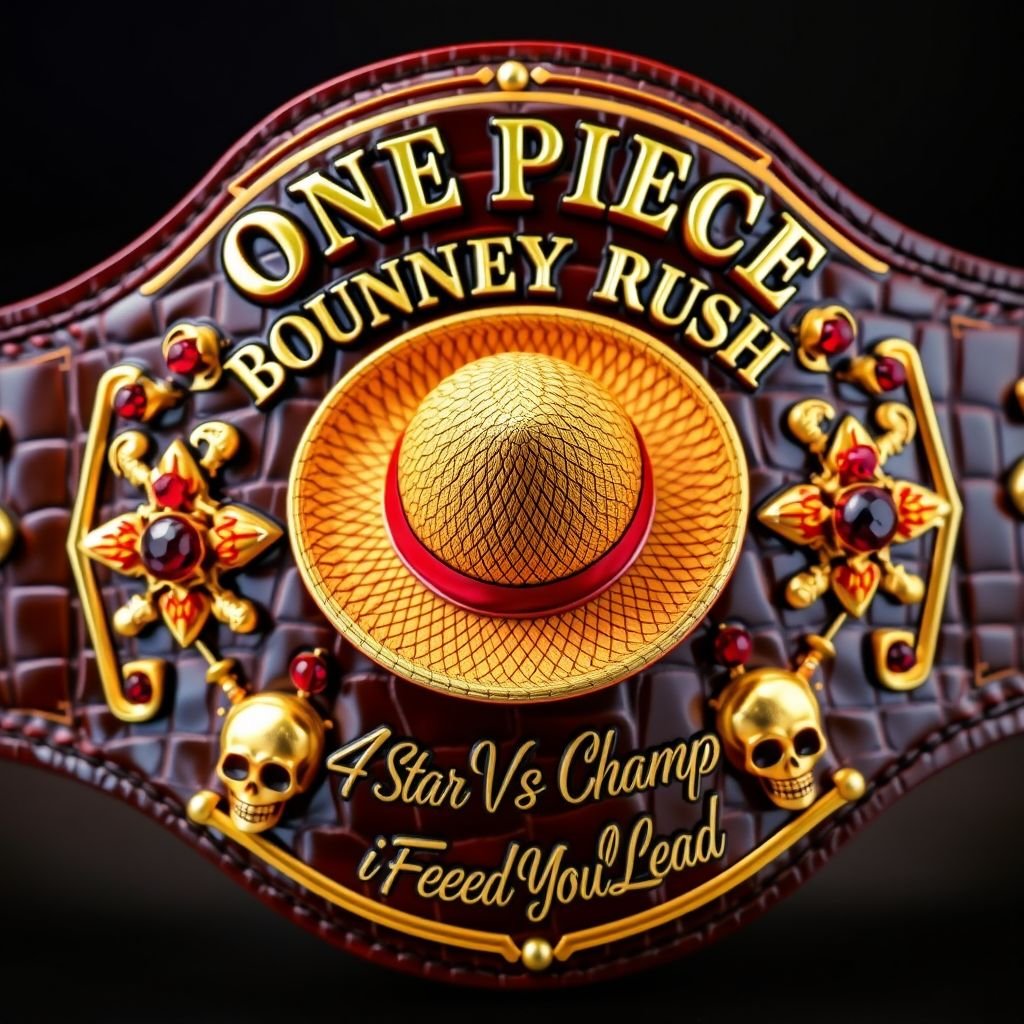 A luxurious alligator skin wrestling belt, gleaming gold accents. In the center, a vibrant straw hat from "One Piece." Above, bold letters: "One Piece Bounty Rush," below, elegant script: "4 Star VS Champ iFeedYouLead." Surrealist style infuses multicolored star-shaped plates, adorned with ruby gemstones and intricate skull crests. Large and opulent.