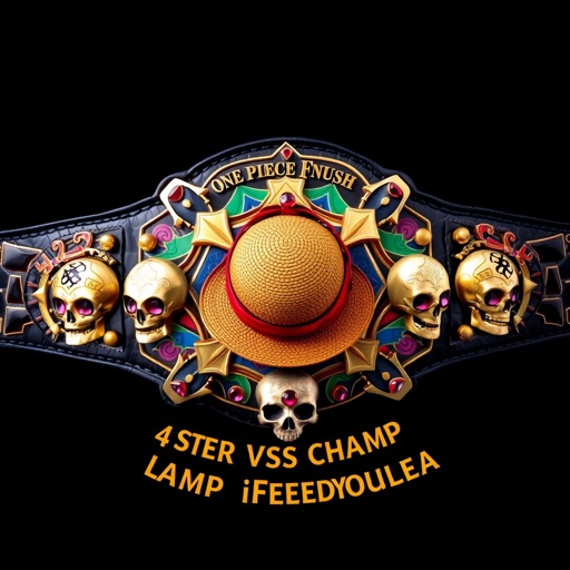 A wrestling belt crafted from exotic alligator skin, luxurious gold plates, and a star-shaped design. At the center, a straw hat symbolizing “One Piece,” surrounded by vibrant, multicolored patterns. Above, bold text reads “One Piece Bounty Rush,” while below, “4 Star VS Champ iFeedYouLead” stands out. Ruby gemstones accentuate skull crests, enhancing a surrealist aesthetic.