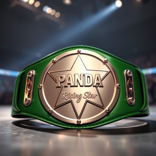 A wrestling belt gleams under arena lights, featuring a sleek modern plate design. The vibrant green leather strap elegantly supports the star-shaped silver plate, embossed with intricate details. The words "PANDA Rising Star" shine boldly, capturing the spirit of athletic prowess. The fusion of colors creates a striking, memorable visual.