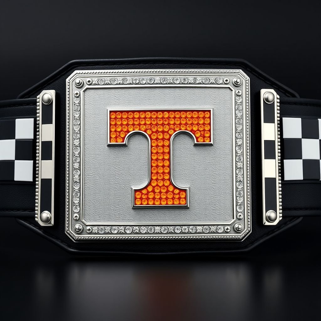 A grand wrestling belt, featuring a rectangular plate with an engraved checkerboard pattern. Dominating the center, a vibrant orange Tennessee Volunteers Power T logo, crafted from sparkling orange diamonds and bordered in sleek silver. A 3D effect achieved with stacked plates, complemented by a bold black strap, all inspired by cubist art.