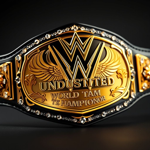 A dazzling wrestling belt, luxury black leather strap, adorned with an oval-shaped golden plate. The front displays "WWE Undisputed World Tag Team Champion," elegantly crafted with a crown champion design. Sparkling crystal gemstones accentuate the edges, intricate eagle crests and symbols embellish the plate, exuding regality and prestige in a realistic art style.