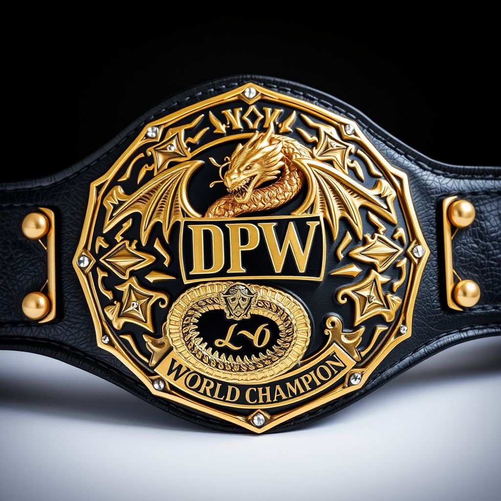 Wrestling belt, a majestic dragon coiling around the center plate. DPW World Champion insignia, leather texture glistening under light. Edgy, intricate plate design, sharp angles and fierce details. Black strap, sturdy yet sleek. Gold plate adorned with gothic motifs, shimmering rhinestones embedded. Adult size, formidable shield crests, and symbolic embellishments.