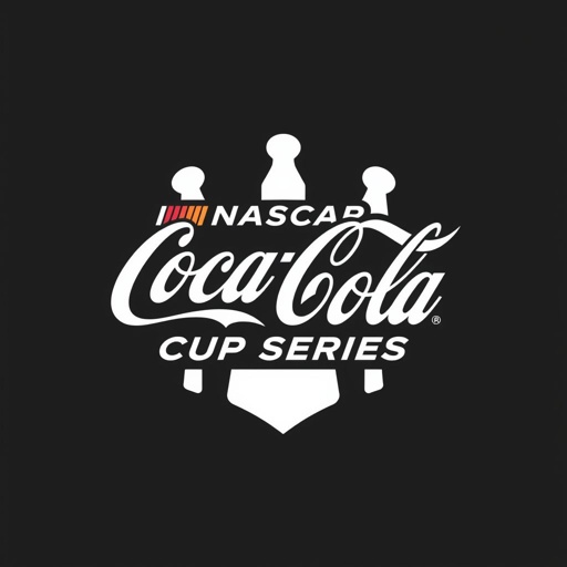 A sleek logo representing the NASCAR Coca-Cola Cup Series, featuring bold black outlines and minimalistic white shapes. Flat design elements evoke speed and precision, with iconic automotive symbols integrated. Elegant display typography showcases brand identity. A refined contrast captures the essence of professionalism, embodying the excitement of racing in the automotive industry.