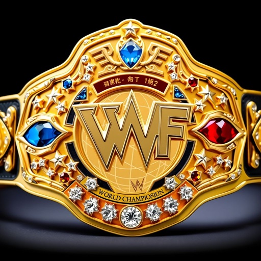 A magnificent wrestling belt, VWF Universal World Championship, gleaming gold with intricate detailing. A fusion of iconic title designs, lavish gems sparkling in blue, red, white, and yellow. Featuring classic wrestler symbols, a field of white stars embellishing the main plate, luxurious leather strap, and a grand globe champion motif, elegant diamond accents.