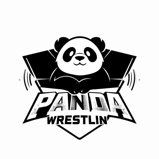 Broadcaster logo for PANDA Wrestling, sleek and modern design. Bold, stylized panda silhouette center, angular custom emblem shape. Black and white color scheme, sharp contrast. Subtle paper texture background enhances depth. Satellite iconography flanking logo edges, signifying connectivity. Dynamic typography, energetic and youthful, appealing to a teen audience. 
