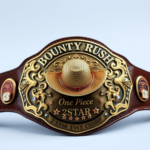 An intricately crafted wrestling belt, showcasing a central straw hat from "One Piece." Above the hat, elegant lettering spells out “One Piece Bounty Rush.” Below, “2 Star 1 vs 1 Champ” in bold font. Luxurious brown leather strap, expertly engraved bronze shield plate, adorned with sparkling rhinestones, featuring vibrant star crests and symbols.