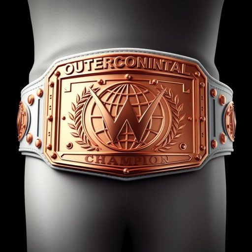 A grand wrestling belt, designated 'Outercontinental Champion.' Crafted from luxurious leather, featuring a pristine white strap. The eye-catching rectangular plate gleams in rose gold, showcasing a stylish globe champion design. Extra-large dimensions emphasize its significance, while the absence of gemstones or crests enhances its modern, minimalist aesthetic. Realistic art style captures every detail.