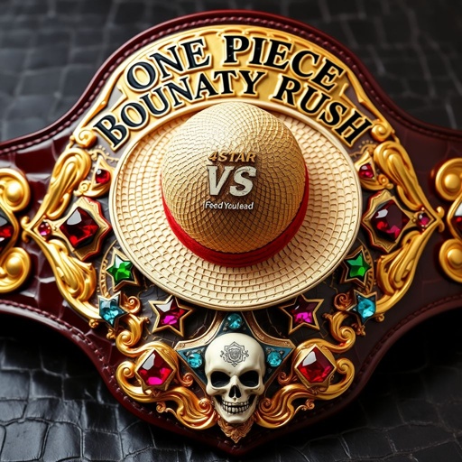 A luxurious wrestling belt, alligator skin texture, glimmering gold accents. In the center, a straw hat from “One Piece,” adorned with “One Piece Bounty Rush” in elegant script above. Below, “4 Star VS Champ iFeedYouLead.” Multicolor plates shaped like stars, ruby gemstones embedded, surrounded by skull crests and surrealist motifs.