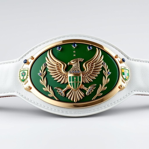 Majestic wrestling belt from the Major League Golf League. Crafted from luxurious leather, a pristine white strap accentuates the oval green plate, featuring a minimalistic design. An eagle champion emblem adorned with sparkling sapphire gemstones. Surrounding shield crests and symbols add an air of grandeur in a captivating surrealist art style.