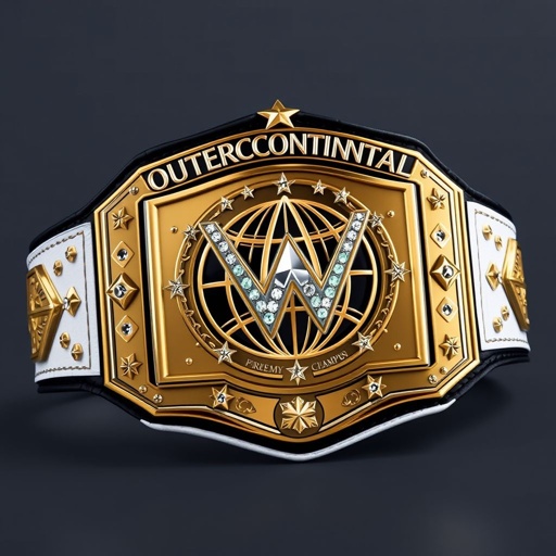 A stunning wrestling belt displays the title "Outercontinental Champion." Crafted from premium leather, the white strap contrasts beautifully with the bold, gold rectangular plates. Intricate globe designs adorn the center, embellished with sparkling crystal gemstones. Star crests and symbols enhance its grandeur, showcasing a modern flair in a realistic art style.