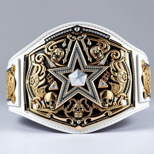 Wrestling belt showcasing a striking Jeff Hardy-inspired design. Luxurious leather belt material, pristine white strap color. Grand size enveloped in intricate details, adorned with a sparkling luxury plate. Star champion emblem glistens with diamond gemstones. Bold skull crests and mythical symbols engraved, embodying a fierce and vibrant aesthetic.