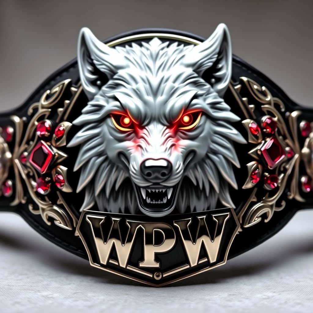 A championship wrestling belt with a stunning white wolf centerpiece, piercing red eyes glowing fiercely. Features WPW text embossed in a bold gothic font. Crafted from polished metal with an intricate, edgy plate design. Black leather strap, adorned with shimmering ruby gemstones glinting ominously. An adult-sized artifact of strength and valor.