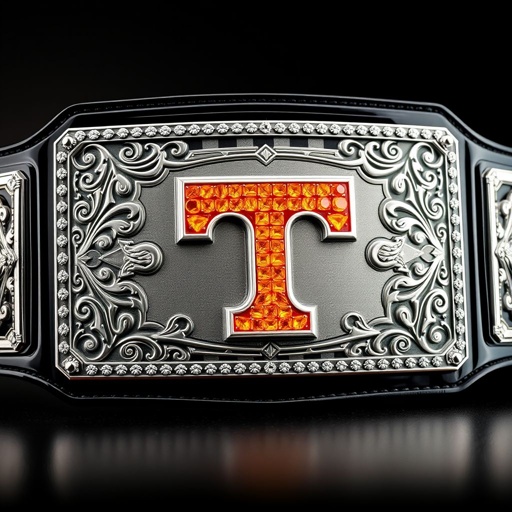 A prestigious wrestling belt, a striking rectangular plate design, black and gleaming. An engraved checkerboard background, intricate patterns etched into the metal. The centerpiece, an orange Tennessee Volunteers Power T logo, glistening with bright orange shiny diamonds, framed in silver. Stacked plates create a stunning 3D effect, enhancing the artistry and grandeur.