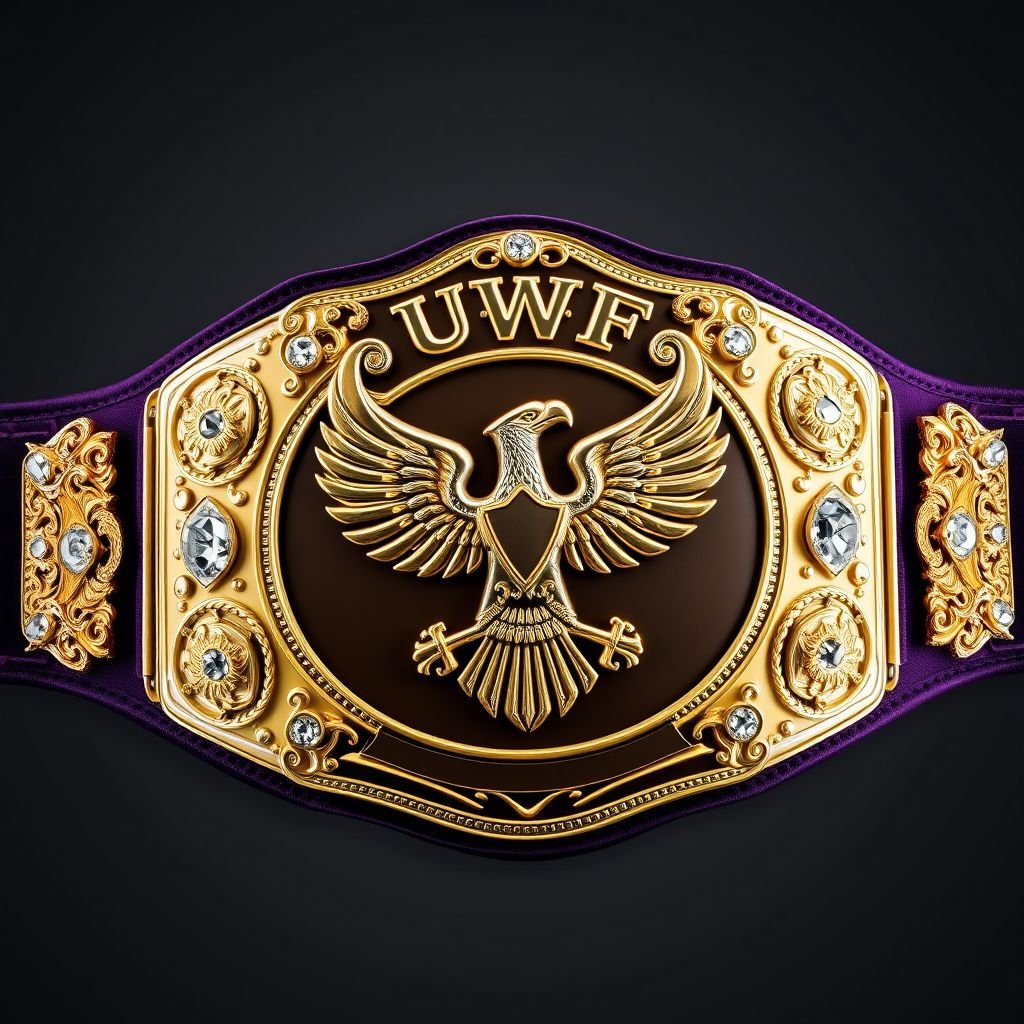 A majestic wrestling belt, UWF World Heavyweight Championship, dark purple strap extending gracefully. Four ornate side plates gleaming, each adorned with intricate eagle and laurel motifs. One large main plate, deeper gold hue, showcasing a formidable eagle champion design. Diamond gemstones sparkling, grand size, crowned with elegant crests and meaningful symbols.