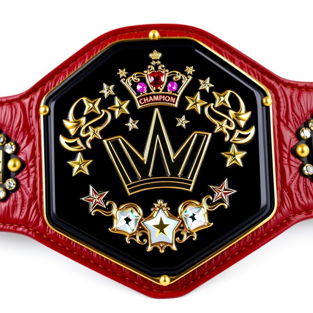 A vintage wrestling belt inspired by Hulk Hogan, featuring a rich leather texture. The strap showcases a striking pentagon shape, adorned with a glossy black plate. Gold accents gleam, complemented by a crown champion design. Star crests and vibrant pop art symbols surround sparkling rhinestone gemstones, embodying a bold, legendary aesthetic.
