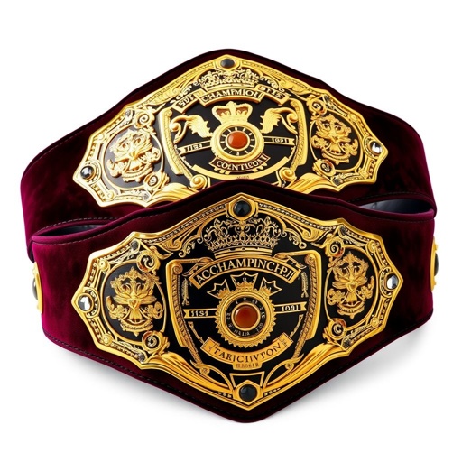 A pair of exquisite mixed tag team championship belts. Rich velvet texture contrasting with sleek black straps. Luxurious gold plates adorned with intricate crown crests and symbols. Shield-shaped design featuring a globe champion motif. Embedded agate gemstones catch the light, enhancing opulence. Medium in size, perfect blend of elegance and strength.