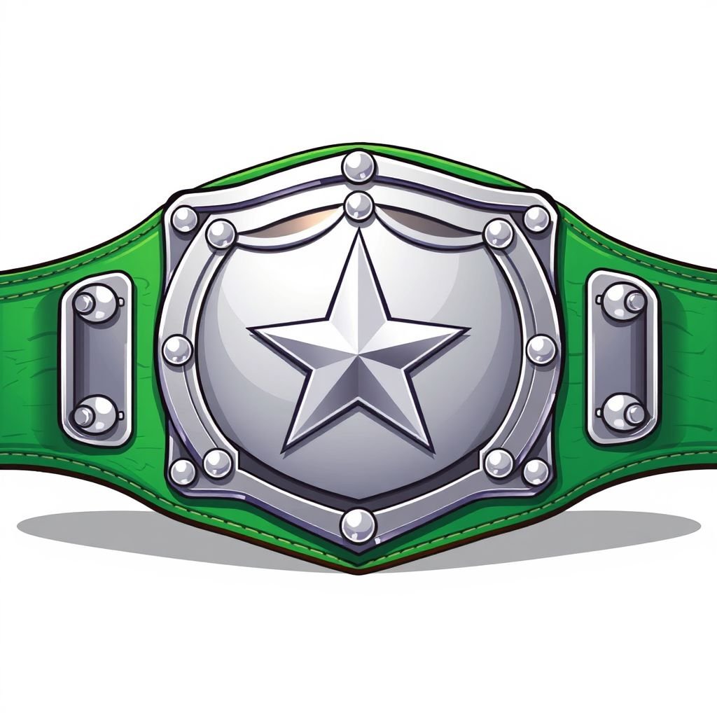 A vibrant, cartoonish wrestling belt, showcasing a bold green leather strap. The centerpiece features a gleaming silver shield plate, elegantly engraved with a star champion design. The large size emphasizes the belt's significance, while the absence of crests or symbols highlights the simplicity and purity of the divisional spirit champion's accolade.