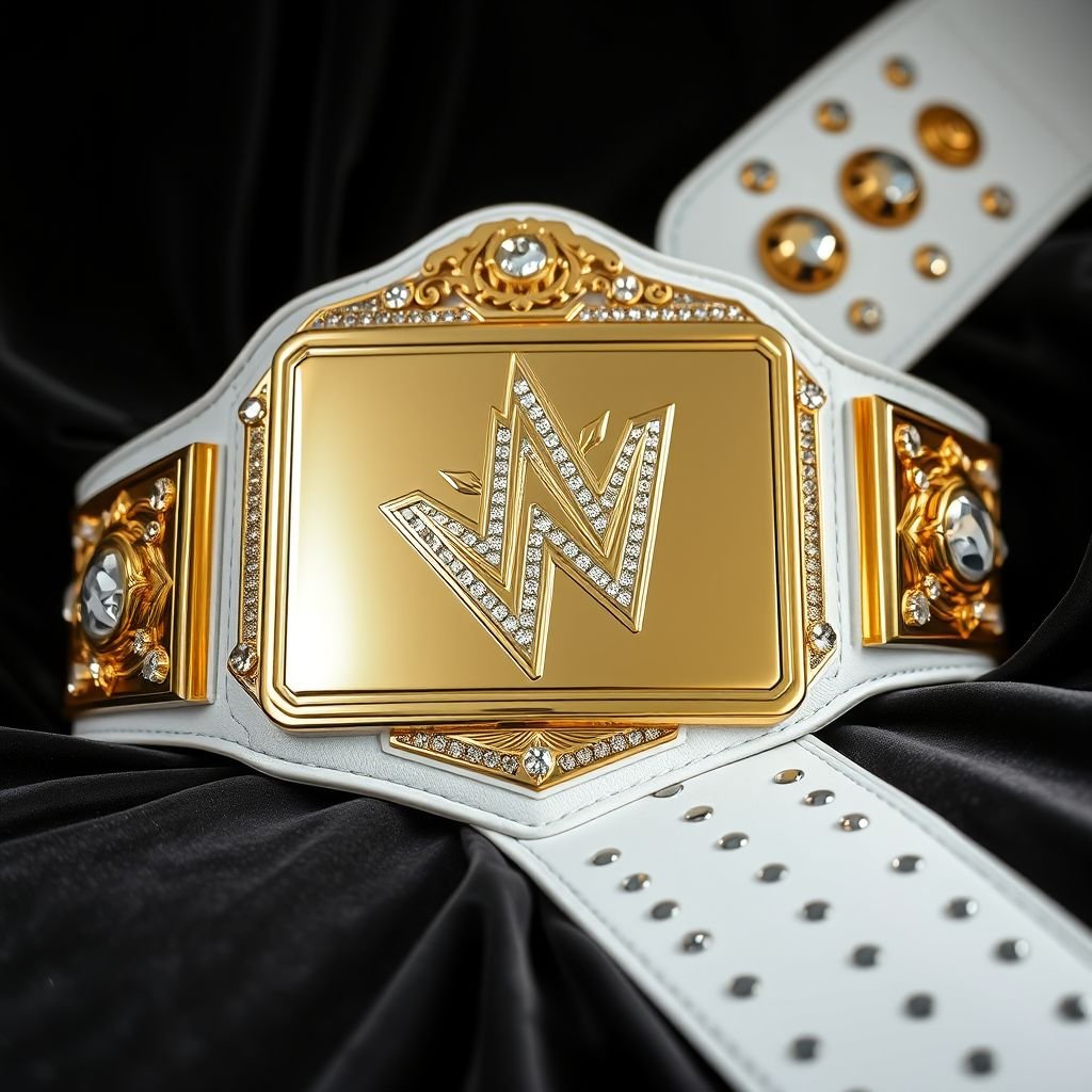 A stunning wrestling belt rests on a dark velvet surface. An Outercontinental Champion insignia shines prominently on a gold rectangular plate. The white leather strap contrasts beautifully, adorned with intricate star crests and symbols. Crystal gemstones sparkle, reflecting light, enhancing the grandeur of this extra-large masterpiece, symbolizing victory and prestige. 