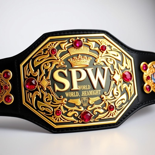 Wrestling belt showcasing the SPW World Heavyweight Champion title. Luxurious black leather strap, vintage octagon-shaped golden plates adorned with intricate Art Nouveau patterns. Gleaming ruby gemstones embedded within, reflecting light. Elegant crown crests and symbols etched meticulously across the design. Bold, regal presence, capturing the essence of championship glory and prestige.