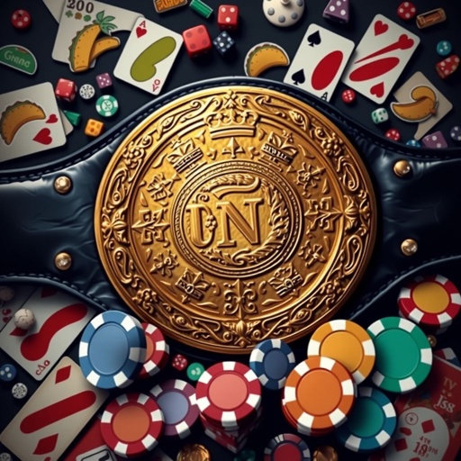 A wrestling belt adorned with a black leather strap. A circular gold plate, engraved with intricate designs, showcases crown crests and symbols. Surrounded by vibrant taco illustrations, scattered Uno cards, dice, and game pieces. Poker chips in varied colors create a festive gaming atmosphere, enhanced by sparkling cubic zirconia gemstones. Abstract art elements unite.