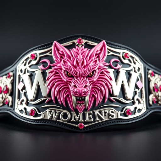 A striking wrestling belt featuring a fierce pink wolf motif. The WPW Women's text boldly displayed. Crafted from shiny metal, the belt showcases an edgy plate design adorned with intricate gothic patterns. A glossy black strap complements the dramatic aesthetic, while sparkling ruby gemstones add a touch of opulence to the adult-size accessory.