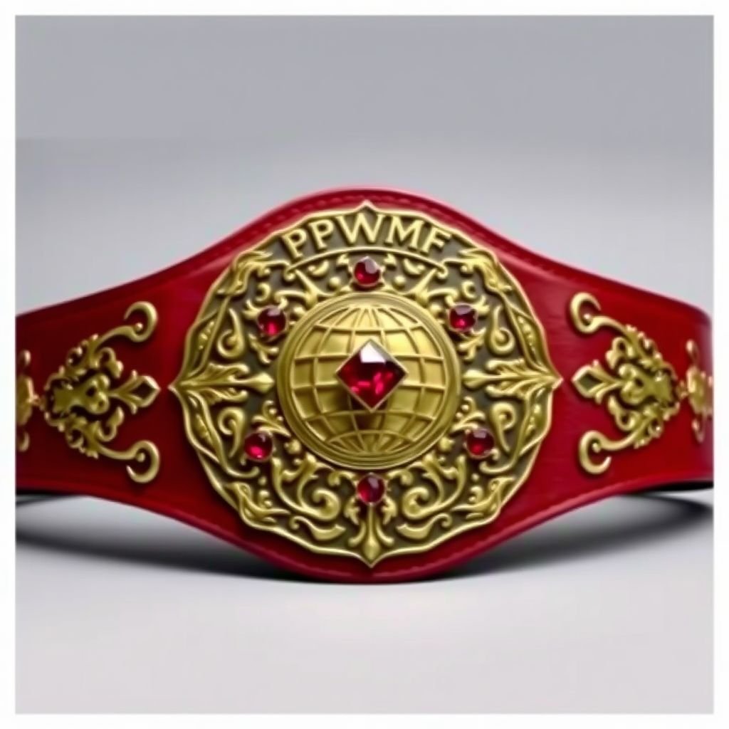 A wrestling belt displays the PWMF North American Championship. Elegant leather, deep red strap, enveloping the intricate bronze plate. Gothic art flourishes across the surface, shaped in a striking pattern. A globe champion design anchors the center, adorned with glimmering ruby gemstones. Medium size, exuding power, prestige, and fierce determination.