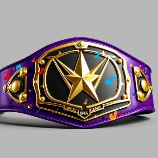 Wrestling belt featuring John Cena’s iconic design. Luxurious leather material with a striking purple strap. Classic plate design adorned with a star-shaped centerpiece. Shimmering gold plate color adds opulence. Abstract art style envelops the belt, merging vibrant colors and dynamic shapes, evoking energy and excitement, a tribute to championship glory.