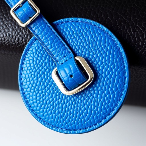 Round leather luggage tag, vibrant blue hue, crafted from full grain leather. Saffiano texture, distinctive cross-hatch pattern, luxurious feel. Silver buckle, polished and sleek, enhancing elegance. Intricate stitching details, tight and precise, contrasting against the smooth surface. Ideal accessory for stylish travelers, combining functionality and chic aesthetic in every glance.