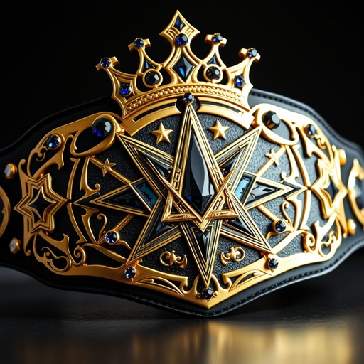 A regal wrestling belt featuring a striking combination of a black strap and a glittering gold plate. Edgy star-shaped designs adorned with intricate gothic art. A crown champion motif atop, encrusted with stunning sapphire gemstones. Star crests and symbols define the edges, embodying the fierce spirit of the Queen of Dragons.