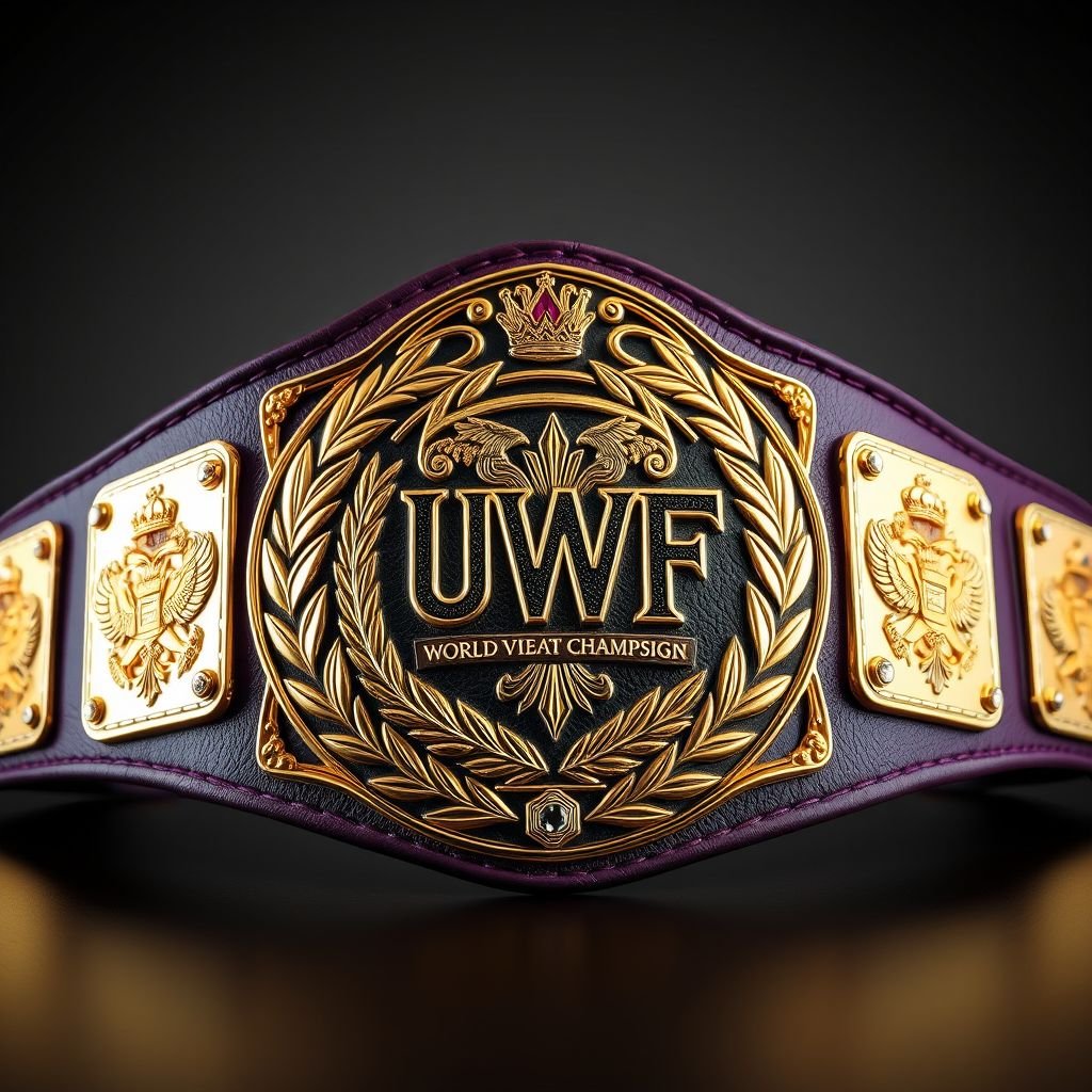 An imposing wrestling belt, UWF World Heavyweight Championship, featuring a rich dark purple leather strap. The centerpiece, an intricately engraved darker gold main plate, adorned with four smaller gold side plates. Lavish laurel motifs echoing elegance, diamond gemstones sparkling, eagle crests symbolizing strength, grand size radiating prestige and power, vintage plate design exuding nostalgia.
