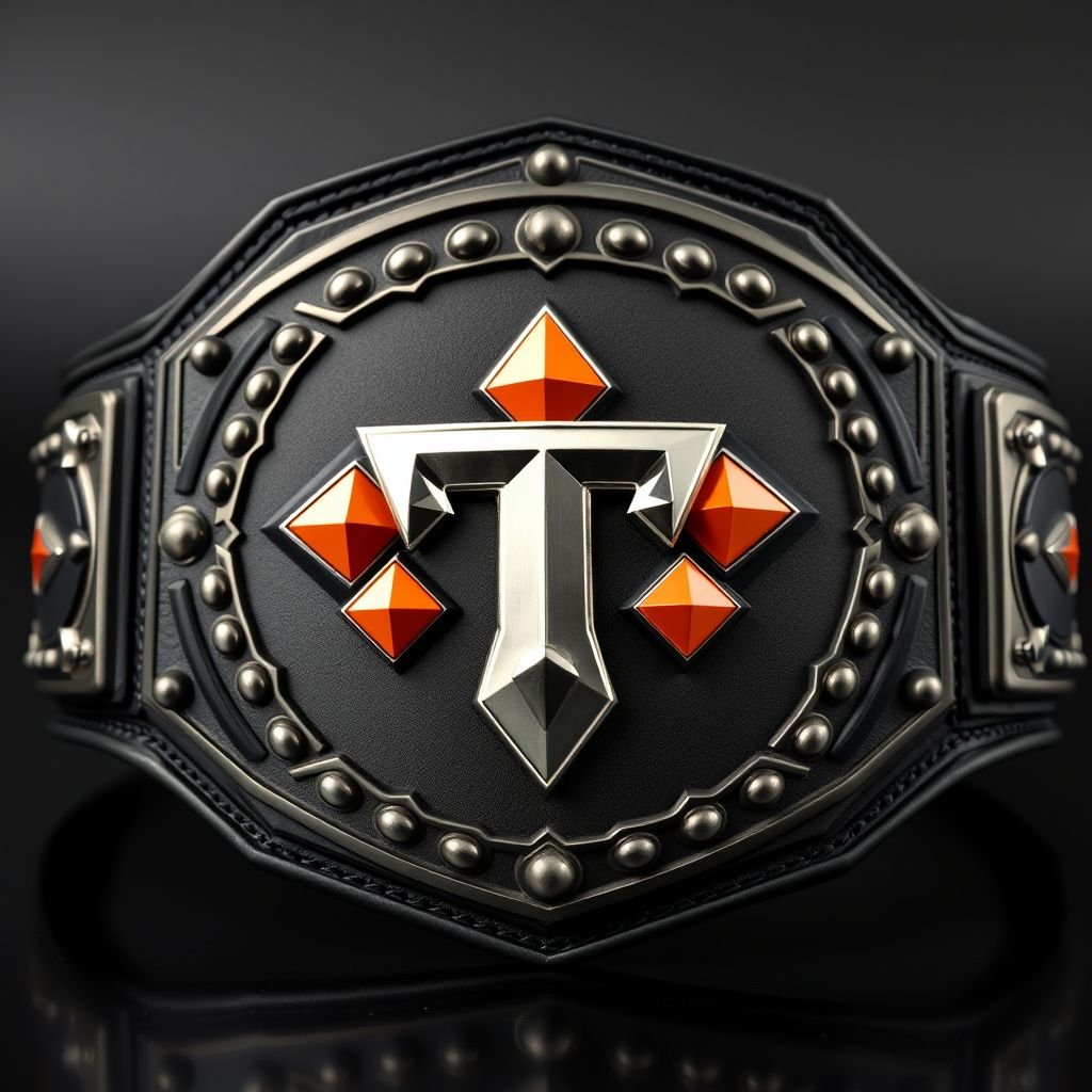 A magnificent wrestling belt featuring an engraved checkerboard background on the central plate, crafted in shimmering black. The Power T logo, an eye-catching burst of bright orange diamonds with a sleek silver border, commands attention. Stack of layered plates creates a striking 3D effect, all anchored by a rich black strap. Cubist art style influences the design, adding a modern twist.