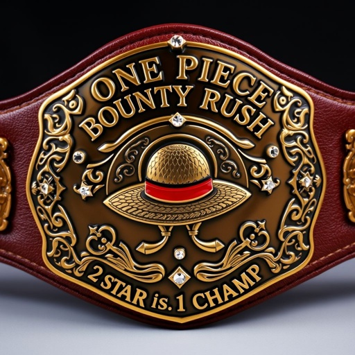 A striking wrestling belt featuring a rich brown leather strap, elegant engravings on a prominent bronze shield plate. At its center, a detailed straw hat emblem from "One Piece." Above, the bold text “One Piece Bounty Rush,” below, “2 Star 1 vs 1 Champ.” Rhinestone gemstones twinkle among ornate star crests and symbols.