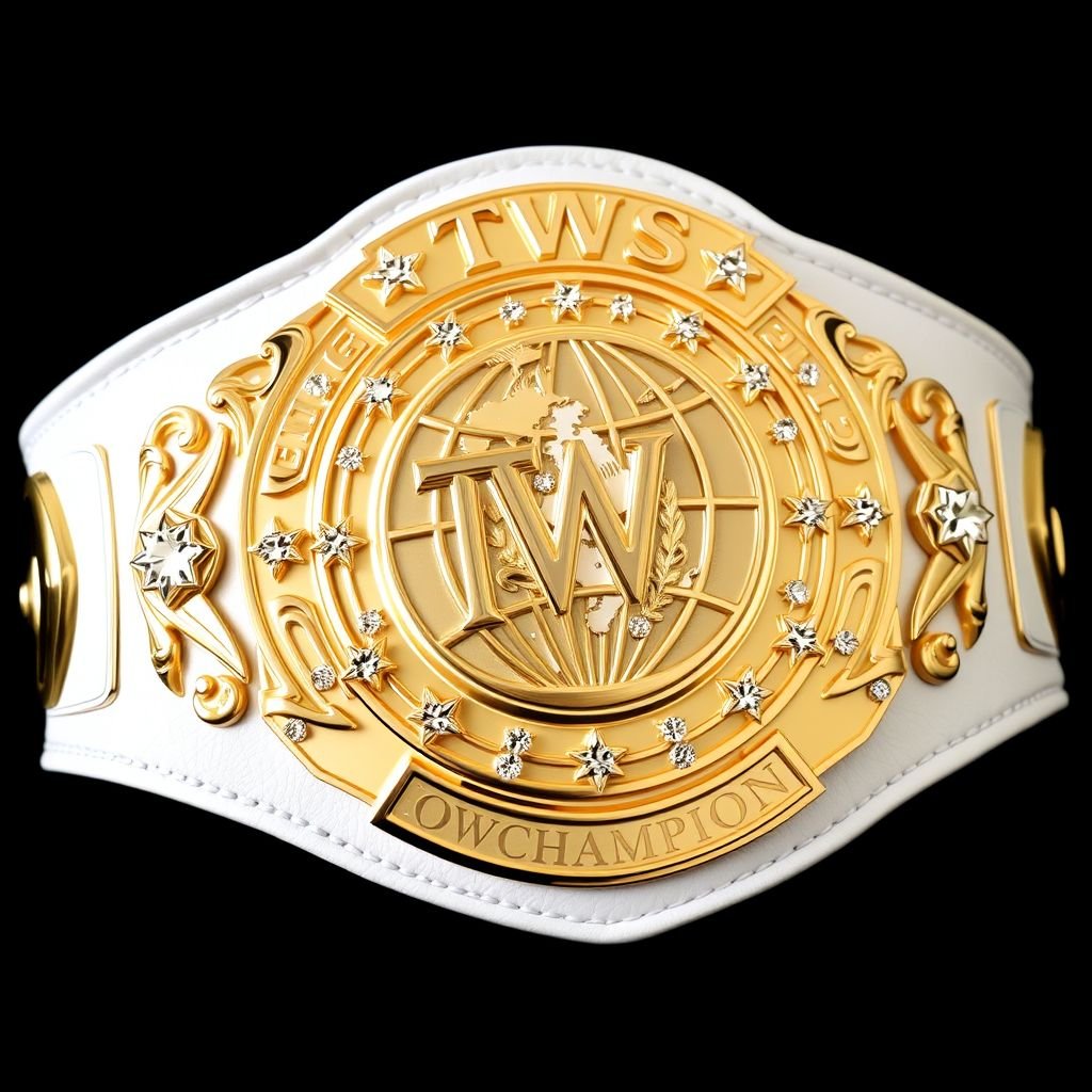 A stunning wrestling belt, the TWS Women's Sovereign World Championship. Luxurious leather material, pristine white strap. An intricate plate shape adorned with shimmering gold. A captivating globe champion design, embellished with radiant diamond gemstones. Large in size, complemented by exquisite star crests and symbolic motifs, a true emblem of greatness and achievement.