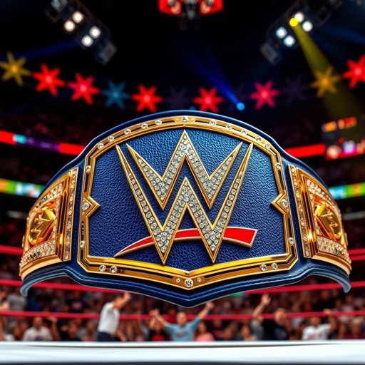 A gleaming gold championship belt, intricately detailed with the iconic WWE logo at the center. Rich blue leather backing, adorned with sparkling gemstones around the edges. A robust design embodies strength and victory. Surrounding the belt, an arena atmosphere filled with cheering fans, colorful lights, and a vibrant wrestling ring.