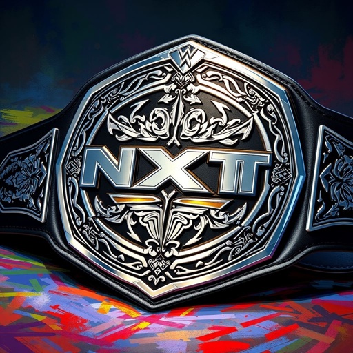 An NXT EVOLVE wrestling belt, luxurious leather material, glistening black strap. An elaborate plate design features intricate shapes and patterns, polished silver plating reflecting light. The belt rests on a textured surface, surrounded by vivid colors, showcasing its novelty and significance in the world of professional wrestling. Realistic art style, striking details.