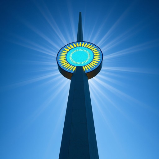 A towering 15-meter obelisk, sleek and angular, dominates the Parisian skyline. Atop, a circular disc, 150 cm in diameter and 20 cm thick, mirrors the colors of the Kazakhstan flag. Intricate engravings, blue and yellow, shimmer under the daylight. Illuminated from within, radiant beams emerge, casting vibrant patterns.