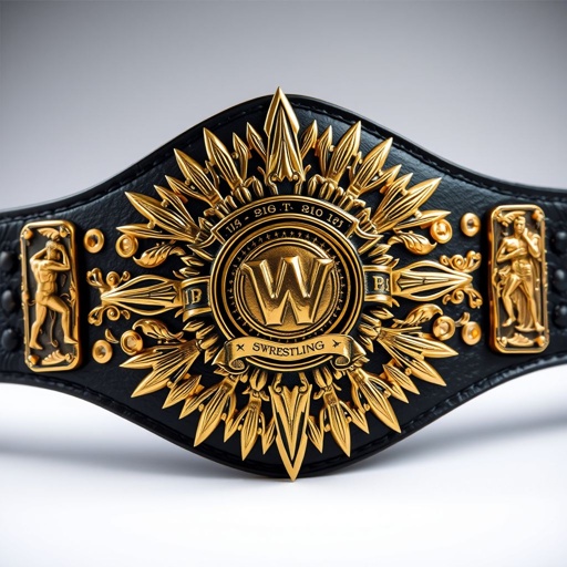 Wrestling belt centerpiece, jagged sunburst-shaped gold plate. Etched sun rays, ornamental banners, intricate scrollwork, and laurel leaves adorn the surface. Hammered, distressed texture showcasing battle-worn realism. Side plates with wrestler silhouettes and mini sunbursts. Thick black leather strap, dark gold rivets. Crystal gemstones sparkling, bold Strong Style design accentuating prestige.
