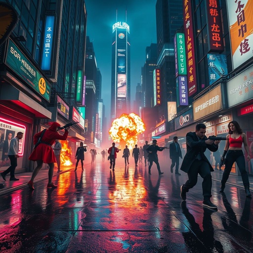 A thrilling scene unfolds in a bustling cityscape, futuristic skyscrapers towering above. Neon lights cast vivid reflections on wet pavement. Dynamic characters engage in high-stakes pursuits, vibrant costumes contrasting against dark alleyways. Explosions illuminate the night. An electric atmosphere of suspense, with cinematic flair and crystal-clear clarity, immersive audio enveloping the viewer.