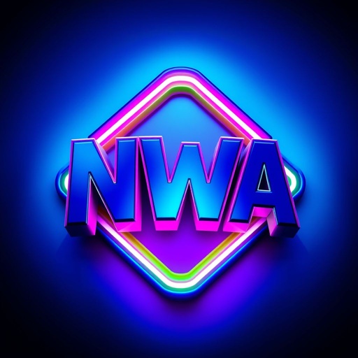 NWA logo, bold typography, striking neon colors—electric blue, radiant pink, vivid green. Modern design elements harmonizing within a square shape, sleek and symmetrical. 3D texture, dynamic layers creating depth, glossy finish enhancing vibrancy. Futuristic aesthetic, vibrant gradients pulsating, capturing energy and spirit of contemporary urban culture in a striking visual.