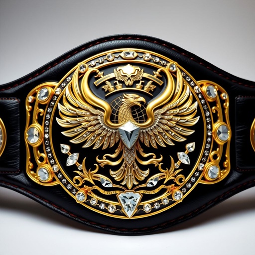 A championship wrestling belt, BWF World Heavyweight Champion. Rich black leather strap, luxurious gold plate, intricate serrated edges. A grand size adorned with diamond gemstones, showcasing a globe champion design. Majestic phoenix crests and symbols embellish the plate, conveying power and prestige. Realistic art style captures every exquisite detail.