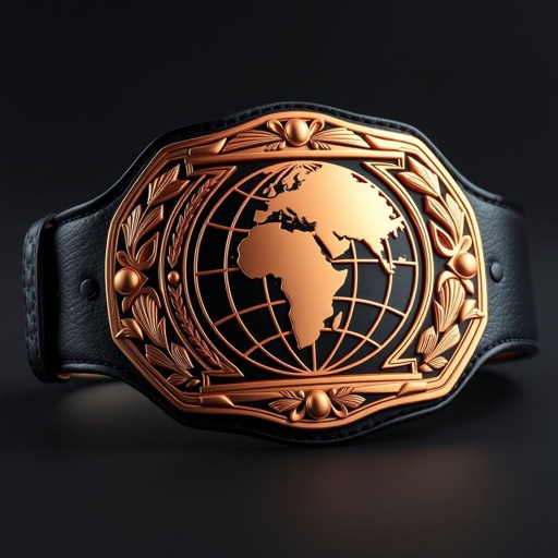 A wrestling belt showcasing an outercontinental theme, featuring a luxurious leather material. The strap, deep black in color, elegantly contrasts with a rectangular plate crafted from rose gold. The plate boasts a globe champion design, exuding prestige. Realistic art style captures the intricate details, emphasizing an extra-large size, simplistic yet striking.