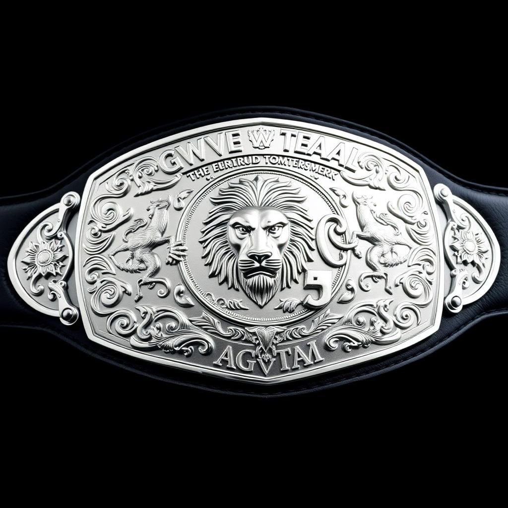 A GWF European Tag Team championship belt, showcasing a broad black leather strap. Bold and striking silver plates engraved with intricate, artistic designs. The centerpiece, a majestic lion symbolizing strength and courage. The plate's modern, elaborate contours shine under light, emphasizing the luxurious details. A testament to victory and teamwork.