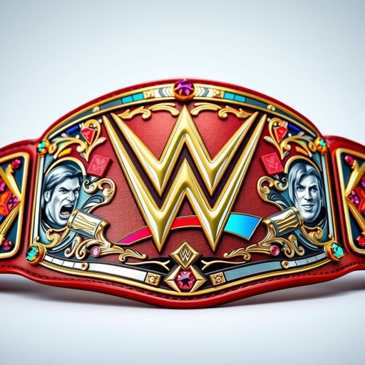 An intricate, engraved wrestling championship belt, showcasing a modern design. Vibrant colors exuding energy. A glossy leather strap contrasting with shimmering gold plating. Silver inlays accentuating details. WWE logo prominently displayed amidst dynamic images. Borders adorned with vivid gemstones, radiating brilliance. Masculine, bold, and a striking embodiment of wrestling glory.