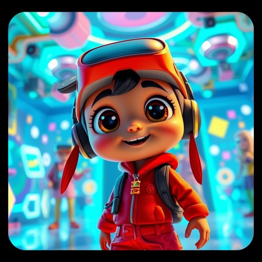 A vibrant cartoon character with large, expressive eyes, wearing bright red clothing. The outfit features playful patterns and accessories, radiating energy. Surrounding the character, a lively virtual reality environment filled with colorful geometric shapes and futuristic elements. Soft, glowing lights enhance the scene, creating a joyful, immersive atmosphere brimming with creativity.