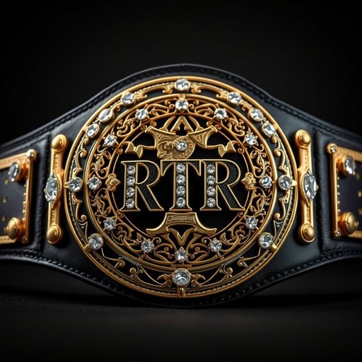 A grand wrestling belt, RTR Champion, crafted from supple black leather. An intricately engraved circular gold plate, adorned with shimmering diamond gemstones, shimmers under the spotlight. Extra-large size, emphasizing dominance. The fist champion design exudes strength, while the absence of crests and symbols enhances its elegant, streamlined beauty, showcasing raw power.