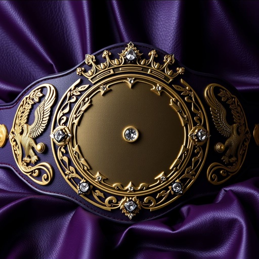 A majestic wrestling belt draped in dark purple leather, exhibiting rich, vintage allure. Four intricately designed side plates, each adorned with eagle and laurel motifs, complement a grand circular main plate. The entire surface shines in dark gold, framed by crown crests, embellished with sparkling diamond gemstones, symbolizing ultimate championship glory.