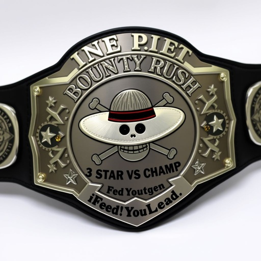A wrestling belt featuring a central straw hat emblem inspired by "One Piece." Above the hat, bold letters proclaim “One Piece Bounty Rush." Below, the inscription “3 Star VS Champ iFeedYouLead." Crafted from vinyl, a black strap complements a shield-shaped silver plate, adorned with star crests, gemstones, and a champion design.