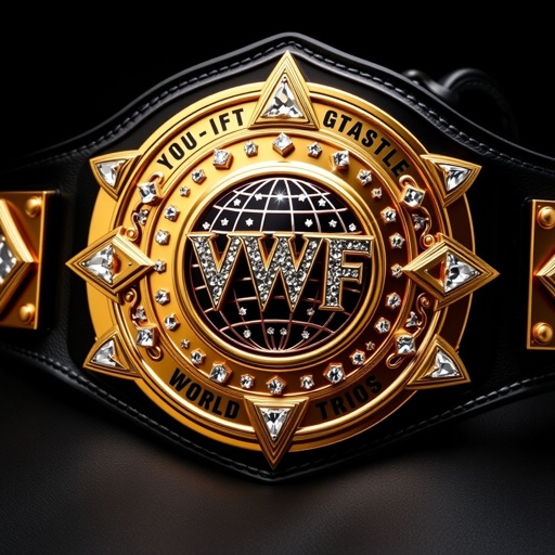 A wrestling belt, grand and glamorous, features a VWF World Trios championships insignia. Triangular design motifs, adorned with shimmering triangle gems, accentuate the polished gold plate. An intricate plate shape rests on a lustrous black leather strap. The centerpiece, a globe champion design, sparkles with radiant diamond gemstones, exuding prestige and power.