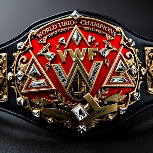 A wrestling belt adorned with the VWF World Trios Championships emblem, featuring elaborate triangle motifs and shimmering triangle gems. Luxurious black leather contrasts with a vibrant red plate, intricately shaped. Diamond gemstones sparkle amidst powerful crests and symbols. A globe champion design showcases prestige, alongside a hefty hammer, symbolizing strength and dominance.